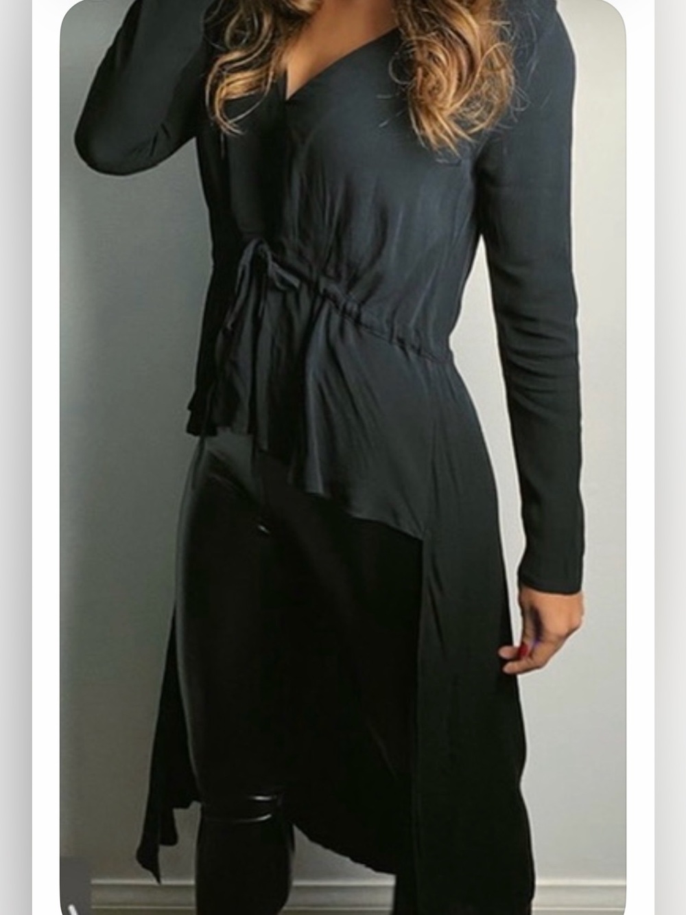 Black Long-Sleeve Blouse with Tie Waist